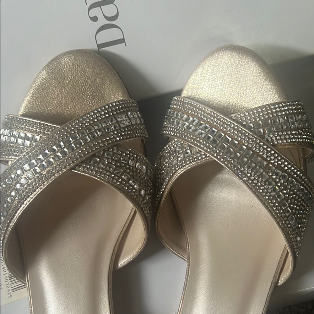 David’s Bridal Heel style Dylan Champagne size 10.